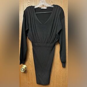 MNG by Mango Black Pleated Shift Dress Size 4 Stretch With Shoulder Pads